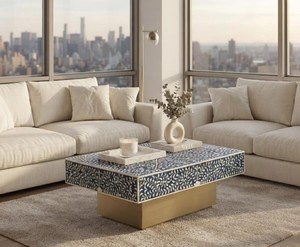 Table basse de luxe en nacre polie, artisanale et écologique, pour la maison, l'hôtel, le bureau, meuble de salon fait main. - Product Image 2