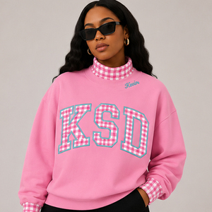 Sudadera de Forro Polar Grueso de Alta Calidad con Nombre Bordado en Cursiva Personalizada, Cuello Alto a Contraste con Diseño a Cuadros Gingham - Product Image 6