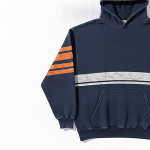 Men's Navy Blue Hooded Sweatshirt With Orange Wings Logo And Striped Sleeves Casual Cotton Pullover Front Print Design - Product Image 5