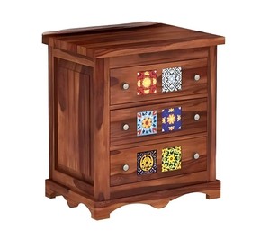 Commode à 3 tiroirs en bois massif avec incrustation de carreaux de céramique |   Table de chevet traditionnelle |   Meubles de maison en gros - Product Image 2