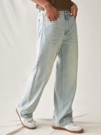 Jean en denim vintage coupe slim taille mi-haute jambe droite écoresponsable Abdul Royal World Export avec poches latérales et détail ceinture, délavage clair - Product Image 2