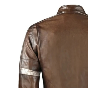 <b>Mens</b> Brown Genuine Leather Streetwear <b>Jacket</b> <b>White</b> Grey Sleeve Stripes Stand Collar Zip Front Chest Pocket Premium OEM Outerwear - Product Image 5
