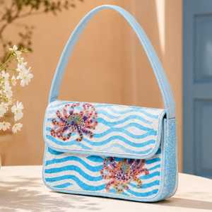 Monedero de estrella de mar bordado a mano con cuentas de vidrio, diseño de onda azul, con cremallera, para uso diario, regalos, fiestas, cartera moderna y a la moda. - Product Image 1