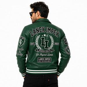 Custom Green <b>Leather</b> Varsity <b>Jacket</b> for <b>Men</b> Embroidered Letterman Bomber <b>Jacket</b> with Chenille Patches OEM ODM Bulk Manufacturer - Product Image 4