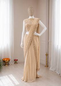 Lehenga Saree Indio de Georgette Estrellado Premium Beige con Blusa Bordada y Borde de Lentejuelas, Traje de Fiesta y Boda para Mujer - Product Image 2