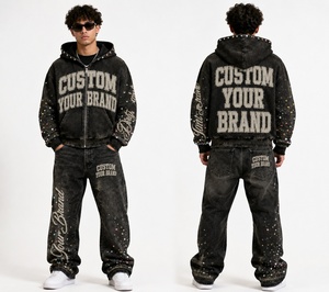Ensemble sweat à capuche et pantalon en jean noir personnalisé, style streetwear vintage, avec broderie graphique vieillie, survêtement assorti unisexe tendance - Product Image 2