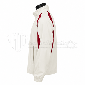 Chaqueta Deportiva Unisex Blanca y Roja, Ecológica, Impermeable, Cortavientos, de Lona, con Cuello Alto y Cierre de Cremallera - Product Image 5