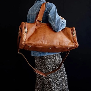 Vintage Genuine Leather Water-Resistant Sport Duffel <b>Bag</b> Large Capacity Travel Gym <b>Overnight</b> <b>Bag</b> Shoe Compartment Removable - Product Image 4