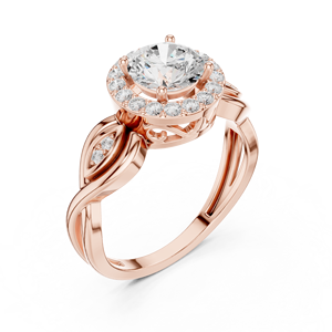 Anillo de Compromiso de Oro Rosa con Halo Redondo de Diamantes y Banda Floral de Hojas para Mujer - Product Image 3