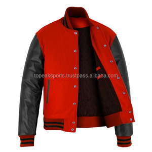 2026 OEM Men's Hot Selling <b>Red</b> <b>Wool</b> With Black Leather Sleeves Varsity Jacket High Quality Low MOQ Heated Fashion Winter Jackets - Product Image 3