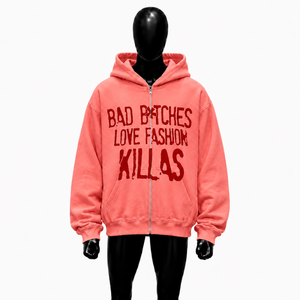 Sweat-shirt à capuche surdimensionné rose corail avec imprimé graphique rouge, streetwear unisexe, fermeture éclair intégrale, pour hommes et femmes - Product Image 1