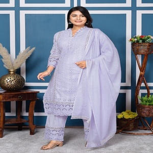 Elegante Conjunto de Kurta Tradicional de Algodón Lavanda para Mujer con Bordado Schiffli y Dupatta Suave para Bodas y Diwali, Ropa Étnica - Product Image 3