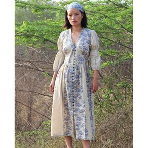 Vestido Maxi con Estampado Floral para Mujer, con Mangas Abullonadas, Cuello en V con Botones, Estilo Boho Vintage - Product Image 1