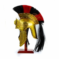 Casque de Garde Prétorienne Romaine Médiévale en Fer Poli Plaqué Or, Plume Rouge et Noire, Emblème Méduse Grecque, Mentonnières Ouvertables
