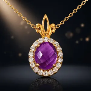 Oval Amethyst Halo Pendant <b>Necklace</b> in 925 <b>Sterling</b> <b>Silver</b> with Cubic Zirconia Accent Stones Elegant Fine Jewelry Gift for <b>Women</b> - Product Image 5