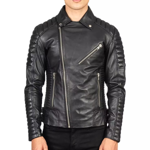 Custom Mens Ribbed <b>Biker</b> Leather <b>Jacket</b> Slim Fit Asymmetrical Zip Genuine Lambskin Motorcycle <b>Jacket</b> OEM - Product Image 5