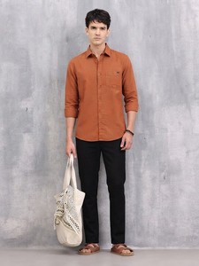 Camisa Casual de Algodón Sólido Color Naranja Quemado para Hombre, Manga Larga, Cuello Camisero, Estilo Casual Elegante, Tejido de Algodón Transpirable, Ropa de Verano - Product Image 2