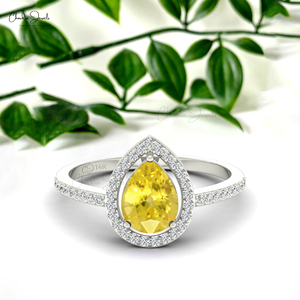 Anillo de Diamantes con Halo de Zafiro Amarillo Corte Pera de 0.17CTW, Oro Blanco Sólido de 14K, Anillo de Lujo con Piedras Preciosas, Joyería Fina para Novias, Fabricante - Product Image 4