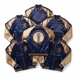 Wholesale Satin Bomber Jacket Chestnut Brown Ivory Watermill Embroidered Varsity <b>Coat</b> Front Zip Outerwear Direct Factory - Product Image 5