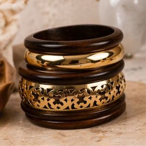 Rizir Fashion Handmade Geometric Christian Wooden <b>Bangles</b> Zinc Alloy Inlay Carved Stackable 14K <b>Gold</b> Plated Women's Wholesale - Product Image 3