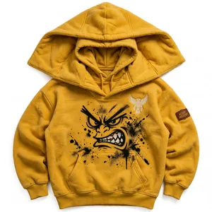 ACCEPT INDUSTRY Men's Yellow <b>Hooded</b> <b>Fleece</b> Sweatshirt Cartoon Print Pocket Casual Autumn Wear Regular Fit - Product Image 1