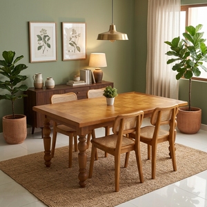 Ensemble de table à manger en teck massif avec pieds tournés, rectangulaire, style vintage français, meubles de cuisine, ensemble de salle à manger en chêne naturel chaud - Product Image 4