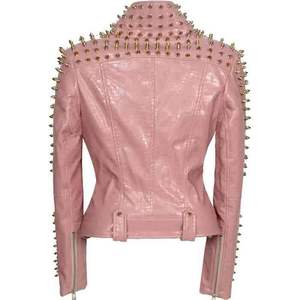 Veste Moto Rose OEM avec Décoration à Rivets, Col Rabattu, Manches Longues, Fermeture Éclair, Style Femme, Veste en Cuir Marque Privée - Product Image 2