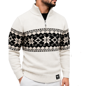 Pull-over col montant zippé pour homme, motif Fair Isle blanc, jacquard flocon de neige nordique, tricoté, décontracté, hiver - Product Image 1