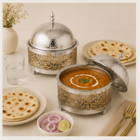 Casserole isotherme en acier inoxydable avec couvercle en dôme martelé, motif calligraphie arabe moderne, pour maintien au chaud des aliments, idéale pour la restauration hôtelière