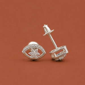 S925 Sterling Silver <b>Moissanite</b> Eye Shape Stud <b>Earrings</b> with Round Diamond Shape Floral Center and Pave Detailing - Product Image 3