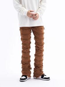 Jeans pour hommes coupe droite ample et décontractée, couleur unie, épais, tendance, qualité supérieure, vente en gros OEM, hiver, effet usé, nouveau style - Product Image 5