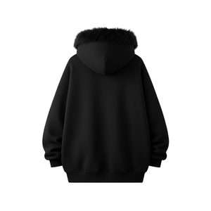 Sweat-shirt à capuche zippé en fourrure noire pour homme, sweat-shirt à capuche oversize en polaire d'hiver, veste décontractée streetwear avec poches - Product Image 3