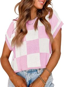 Women's Casual Breathable Plaid Jacquard Sleeveless Short Crop Tops Summer Thin Color <b>Block</b> Knit Shirt Nylon/<b>Acrylic</b> O-Neck - Product Image 4