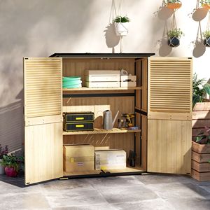 Abri de jardin en bois naturel avec toit en asphalte, 2 étagères, portes verrouillables, pieds réglables et montage facile - Product Image 2