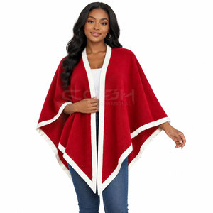 Cosh International Sisterhood Sorority Red Knitted <b>Poncho</b> With White Trim V-Neck Sleeveless Winter Sweater Thick Acrylic Elegant - Product Image 3