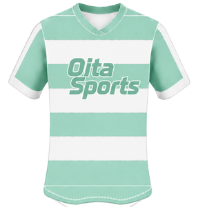 Camiseta de Rugby Verde Menta y Blanca de Manga Corta, Cuello Redondo, Rayas, para Entrenamiento Deportivo, Partidos y Equipos - Product Image 1