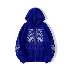 Sudadera de invierno con capucha y cremallera para hombre, azul, con diseño de esqueleto de diamantes de imitación en la parte delantera, estilo gótico, corte regular, manga regular, tejido de punto. - Product Image 1