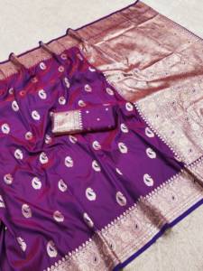 Purple Soft and Pure Banarasi Silk <b>Saree</b> with Zari Weaving Border Traditional Indian Wedding Festival Wear <b>Saree</b> <b>for</b> <b>Women</b> - Product Image 6