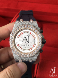 AARVA JEWELS Montre chronographe de luxe pour femme incrustée de diamants, boîtier en acier inoxydable de 41 mm, bracelet en acier inoxydable, analogique, quartz ETA - Product Image 1