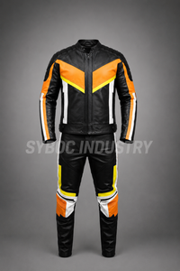 Blouson de sport en cuir pour homme, noir et orange, avec empiècements en peau d'agneau Chevron, col montant, fermeture éclair sur le devant, style course - Product Image 3
