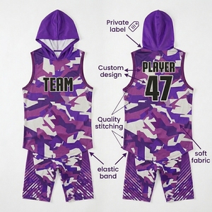 Ensemble de maillot de basket-ball camouflage violet personnalisé, à capuche, sans manches, respirant, coupe athlétique, pour hommes, équipe 47, impression sublimée - Product Image 6