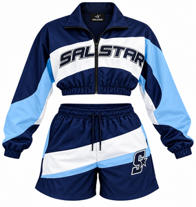 Women’s Custom Blue <b>White</b> Tracksuit Set 2 Piece Crop Jacket & <b>Shorts</b> Wholesale Athletic Sportswear Training <b>Jogger</b> Manufacturer - Product Image 3