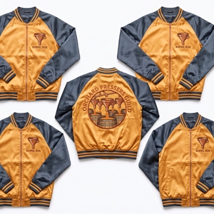 Blouson Bomber en Satin avec Fermeture Éclair, Manches Raglan, Jaune Gris, Motif Graphique Orchard Press, Broderie au Dos, Coupe-Vent Style Baseball - Product Image 1
