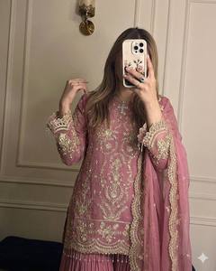 Pink Embroidered Faux Georgette Salwar Kameez Suit Net Dupatta Pleated Pants Formal Indian Wedding Graduation Diwali Party - Product Image 3