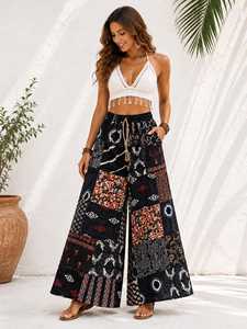 Bohemian Style Yellow Patchwork Cotton <b>Harem</b> Pants Women Full Length Regular Fit High Elastic Waist Wide Leg Breathable Pants - Product Image 4