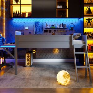 Letto a soppalco in legno a grandezza naturale con scrivania e LED, design multifunzionale unico grigio - Product Image 3