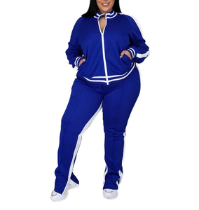 Ensemble de survêtement décontracté deux pièces pour femme grande taille, à capuche, imprimé, écoresponsable, à manches longues, zippé, rayé et ajouré, automne-hiver - Product Image 5