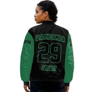 Blouson Bomber Personnalisé pour Femme Iota Phi Lambda, Mélange Noir et Vert Émeraude, avec Écusson à Lettres Grecques au Dos et Fermeture Éclair - Product Image 2