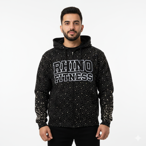 RHINO FITNESS Sweat-shirt à capuche zippé personnalisé, délavé à l'acide, effet usé, en tissu épais, patchwork, avec logo brodé - Product Image 6