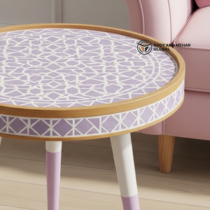 Lavender Meena Pattern Wooden <b>Stool</b> – Handcrafted <b>Round</b> Decorative Accent <b>Stool</b> for Living Room & Bedroom - Product Image 2